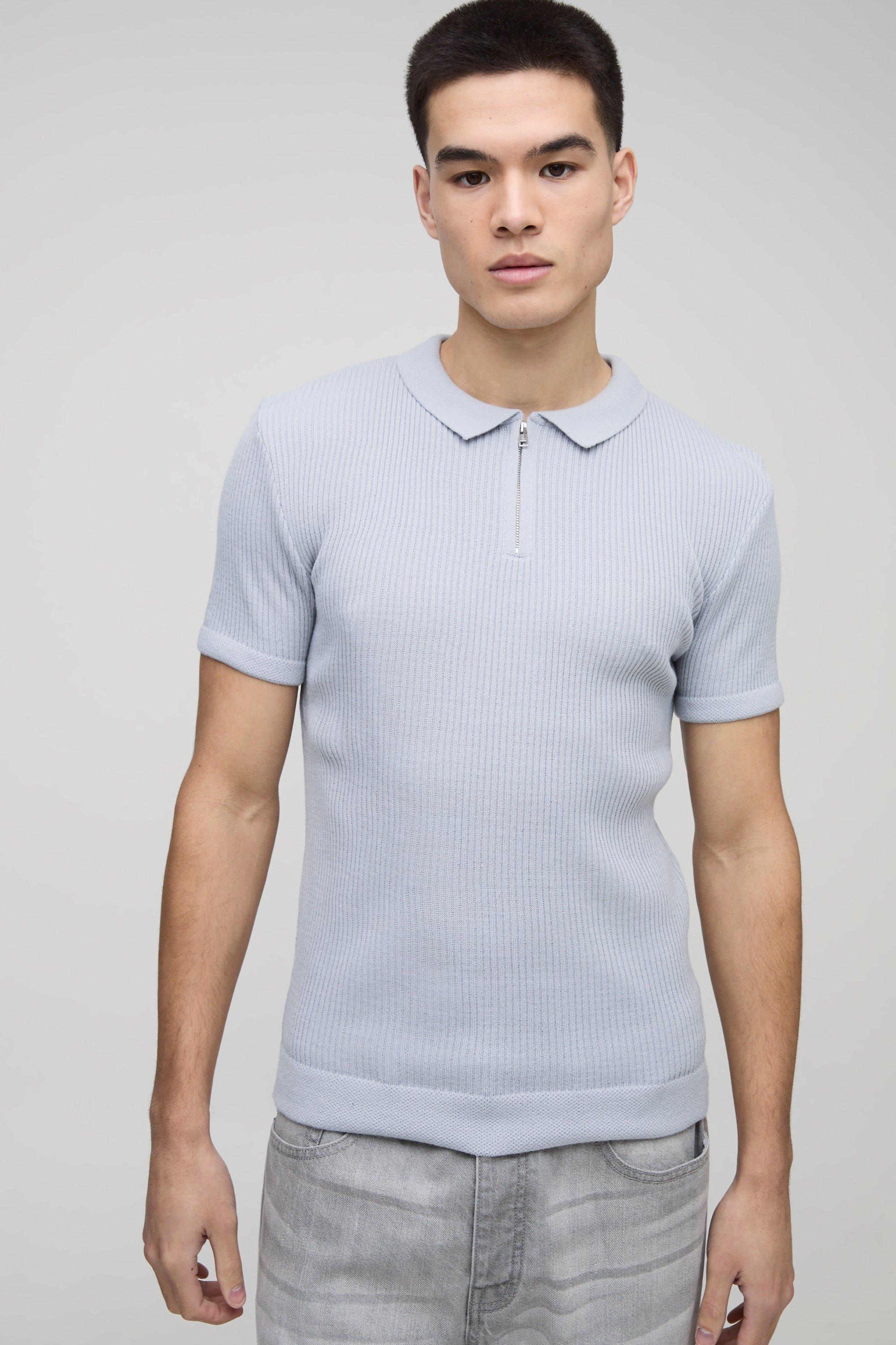 Muscle Fit Ribbed Zip Neck Knitted Polo